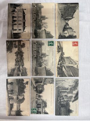 several old black and white photographs of a train and a building