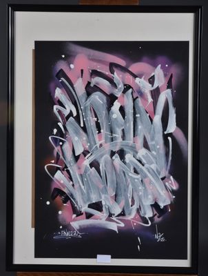 peinture représentant une image en noir et blanc d'un graffiti sur fond noir