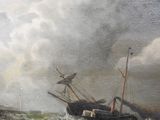 a painting of a ship in the water near a rocky shore