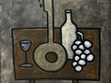 painting of a still life with a bottle of wine, grapes, and a glass