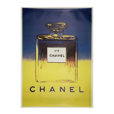 a painting of a bottle of chanel perfume on a yellow background