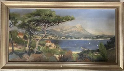 une image représentant un tableau représentant une vue sur un lac et des montagnes