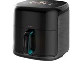a black and blue air fryer sitting on top of a white surface