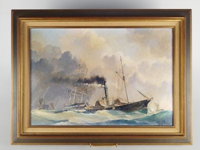 une peinture à l'huile représentant un navire en mer d'où s'échappe de la fumée