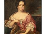 a painting of a woman in a pink dress holding a snake