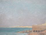 painting of a beach scene with people on the sand and a boat in the water
