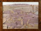 painting of a village in the desert with a mountain in the background