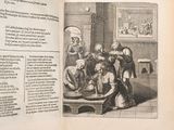 an old book with a picture of a group of people sitting on a bench