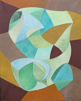 peinture représentant des formes abstraites sur un fond marron, dans des tons de bleu, vert, jaune et marron