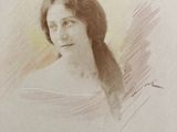 an old photo of a woman with long hair in a white dress
