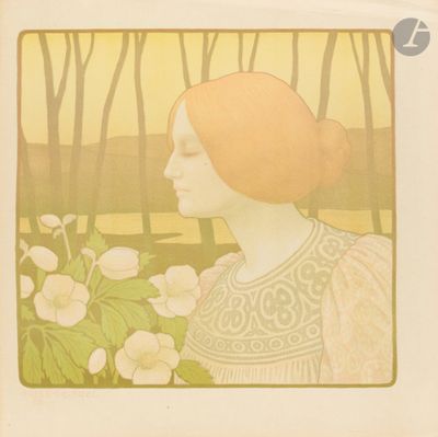 tableau représentant une femme aux cheveux roux dans un champ de fleurs