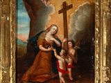 an old painting of a woman holding a child and a cross