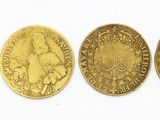 six pièces d'or sont disposées en ligne sur une surface blanche