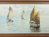 a painting of sailboats in the water with a sky background