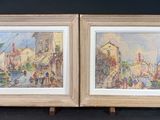 deux tableaux encadrés représentant une scène urbaine avec des passants marchant dans la rue