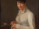 tableau représentant une femme en robe blanche, assise sur une chaise, tenant un morceau de tissu