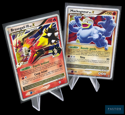 Deux cartes Pokémon sont exposées sur un présentoir devant un fond noir.