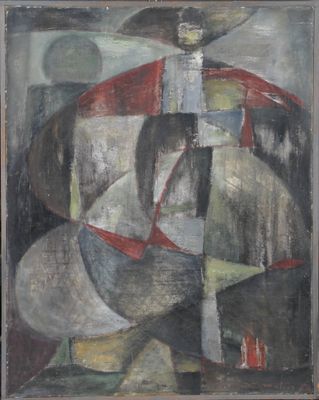 an oil painting of a man with a hat and a red and white shirt