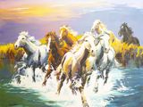 tableau représentant un groupe de chevaux galopant à travers un plan d'eau