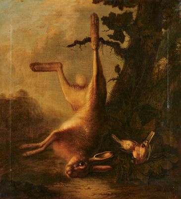 une image représentant un tableau où figurent un chien et un oiseau dans un décor boisé