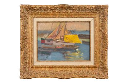 tableau représentant un voilier à la voile jaune, dans un cadre doré