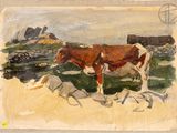 a painting of a cow standing in a field