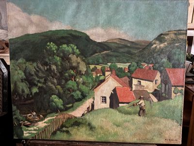 un tableau représentant une scène de vie à la ferme, posé sur un chevalet
