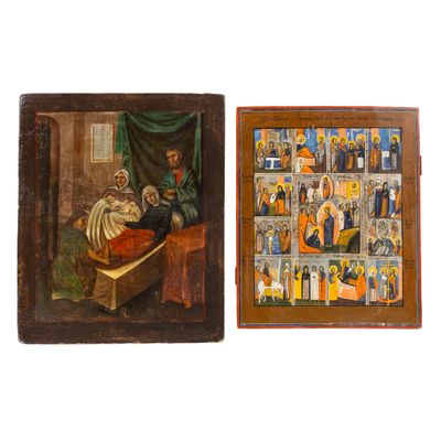 deux tableaux représentant un homme et une femme dans un lit, un tableau représentant un homme dans un lit et un tableau représentant une femme dans un lit