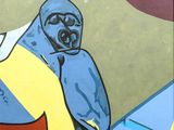 a painting of a man with a surfboard on a wall
