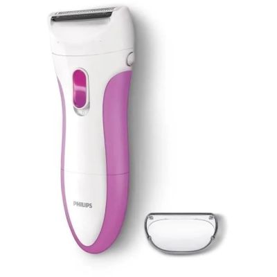 the philips shaver is pink and white with a pink trimmer