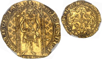 two gold coins, one of which has a man holding a sword and the other of which is holding a