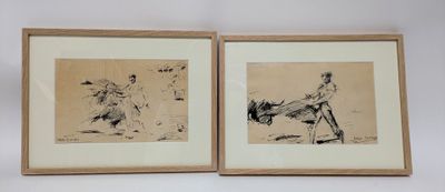 two framed drawings of a man and a woman on a beach