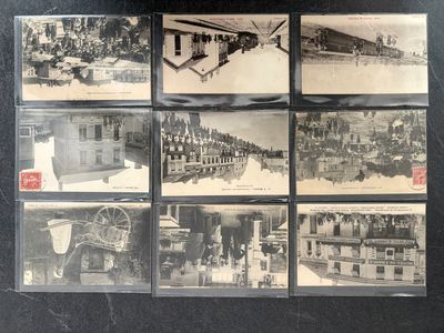 several old black and white photos of a bunch of buildings