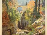 une vieille affiche représentant un paysage de montagne avec un pont en arrière-plan