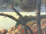 an oil painting of a tree by the water with rocks and trees in the foreground
