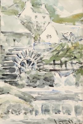 une aquarelle représentant une roue à eau dans un jardin