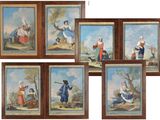 six tableaux encadrés représentant des personnes jouant d'un instrument dans un décor boisé