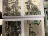 several old black and white photos of a street with cars