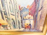 a painting of a street scene with people walking down the street