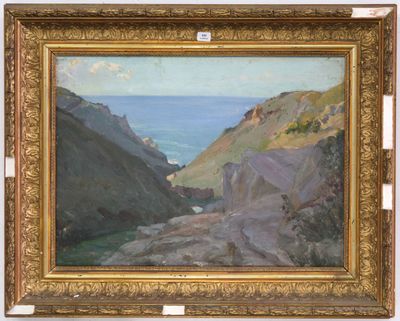 une image représentant une peinture d'une falaise rocheuse avec un plan d'eau en arrière-plan
