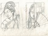 sketches of a woman with a fan and a man with a fan