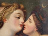 painting of two women kissing each other in front of a crescent