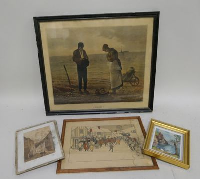 two framed pictures of men and a woman standing on a beach