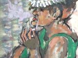 un tableau représentant un homme assis sur un banc avec une bouteille de bière