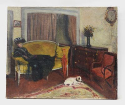 a painting of a woman sitting on a couch with a dog