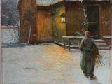 an oil painting of a woman walking in the snow past a house
