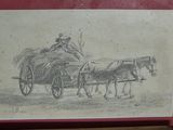 drawing of a man in a wagon pulled by two horses
