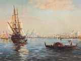 a painting of boats in the water with a city in the background