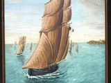 a painting of a sailboat sailing in the ocean
