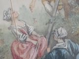 a picture of a painting of a woman and a man on a swing
